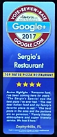 Awards: Google+ 2017 Top Rated Pizza Restaurant